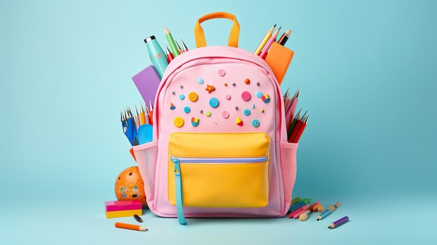 Un sac à dos scolaire organisé sur un fond pastel joyeux