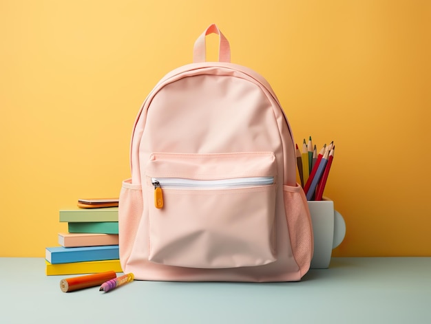 Un sac à dos scolaire organisé sur un fond pastel joyeux