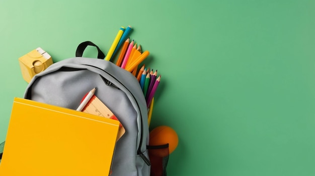 Sac à dos sur la table avec des fournitures scolaires qui sortent de l'étude scolaire ou de la journée des enseignants concept ai générative