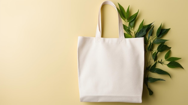 Un sac à dos en toile blanc avec des feuilles vertes sur un fond jaune