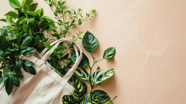 Un sac à dos en toile avec une variété de plantes d'intérieur vertes sur un fond de pêche