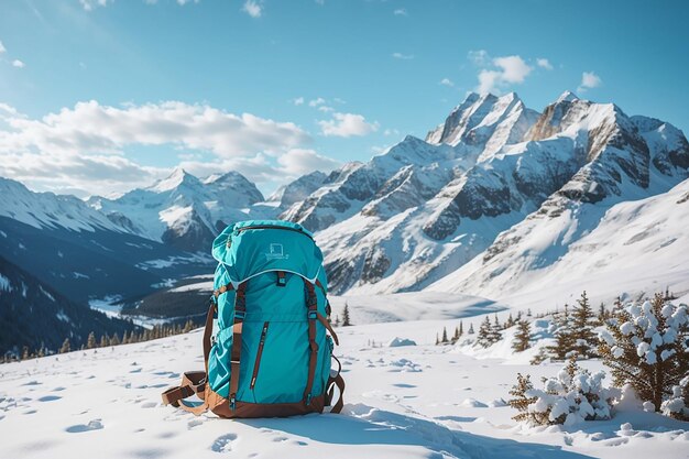 Sac à dos turquoise dans les montagnes d'hiver