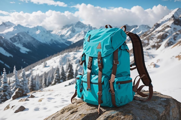 Sac à dos turquoise dans les montagnes d'hiver