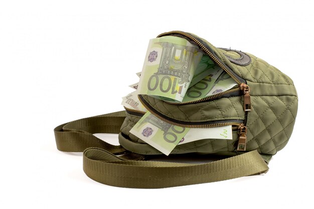 Sac à dos vert avec des billets en euros sur blanc