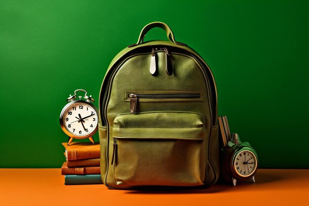 Photo un sac à dos vert avec une montre de poche et un fond vert