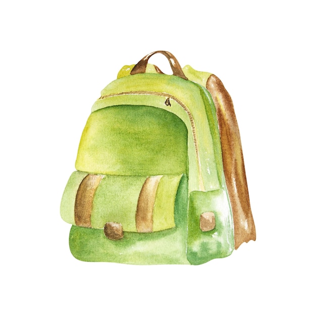 Un sac à dos vert avec des sangles en cuir marron est sur un fond blanc.