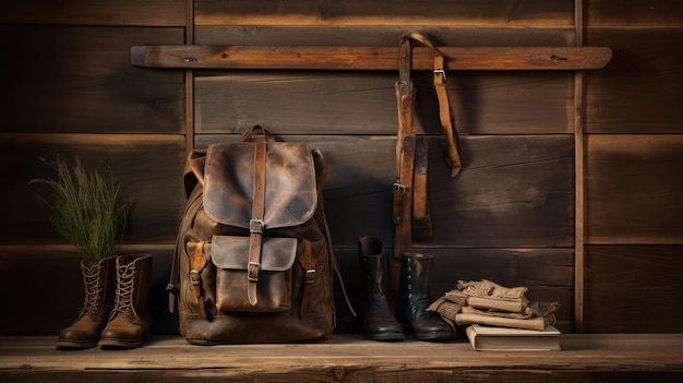 Un sac à dos de voyage en cuir et ses essentiels sont présentés sur fond de mur en bois rustique