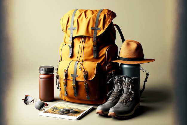 Sac à dos de voyage de randonnée avec des chaussures et des choses pour un long voyage