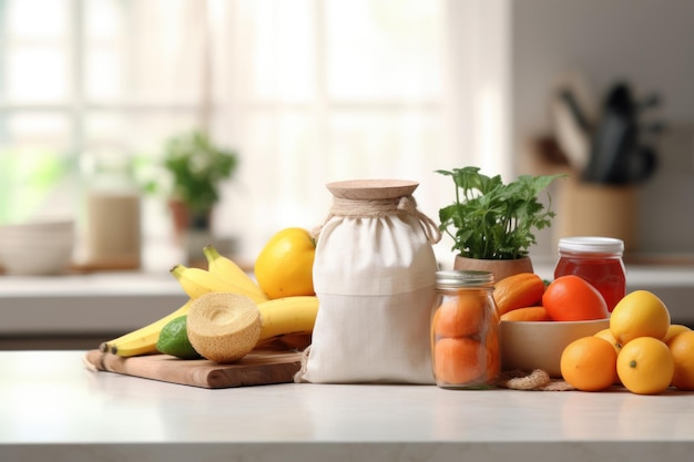 Sac écologique sur le comptoir de la cuisine avec de la nourriture dans des bocaux et des fruits frais Concept zéro déchet généré par l'IA