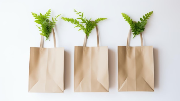 Sac écologique avec feuilles vertes et plantes sur fond blanc Créé avec la technologie Generative AI