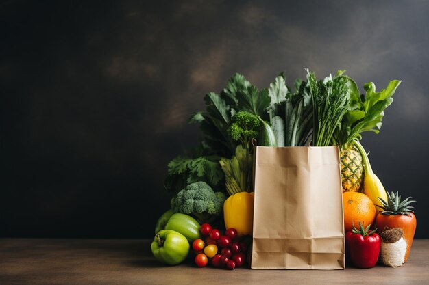 Un sac d'épicerie avec du végétalien et des fruits.