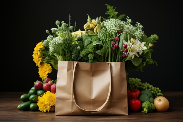 Un sac d'épicerie avec du végétalien et des fruits.