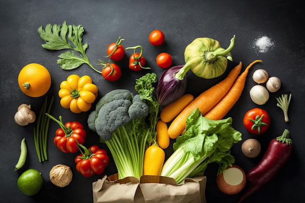 Un sac d'épicerie avec des légumes dessus.