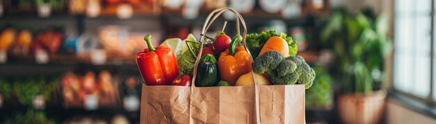 Un sac d'épicerie en papier débordant d'une variété de légumes frais et de fruits colorés