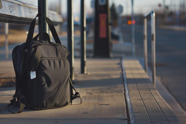 Un sac avec une étiquette de voyage assis seul à un arrêt de bus de banlieue