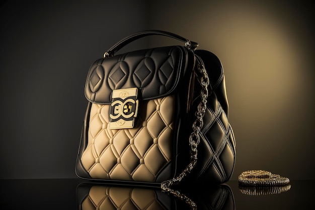 Photo sac femme de luxe noir et or en cuir, creative ai