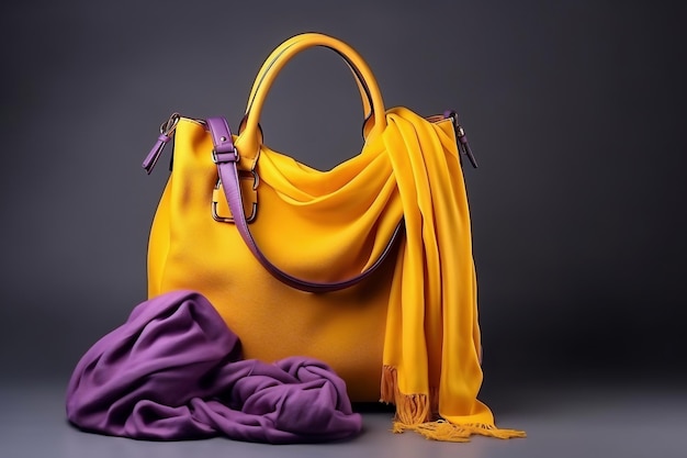 Sac et foulard pour femmes Objets et accessoires pour femmes à la mode Sac pour femme jaune élégant et cravates violettes Vêtements pour femmes élégants