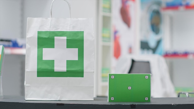 Sac de fournitures médicales avec des pilules et écran vert indiqué sur la boîte