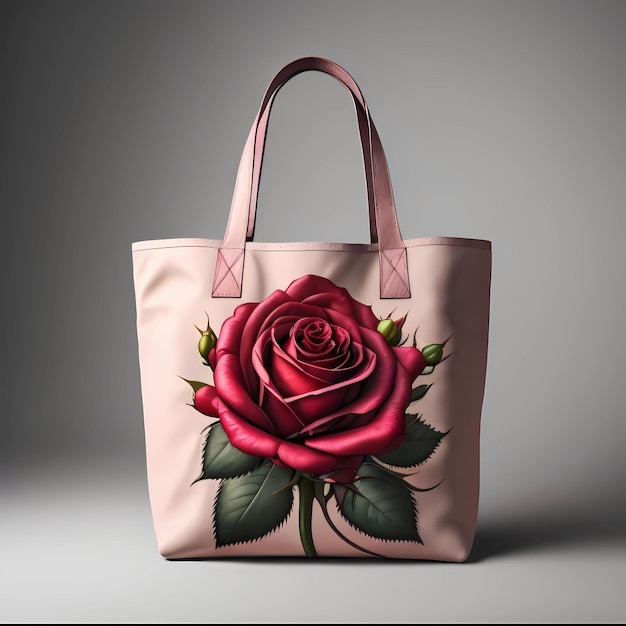 Un sac fourre-tout rose rose avec une rose rose sur le devant