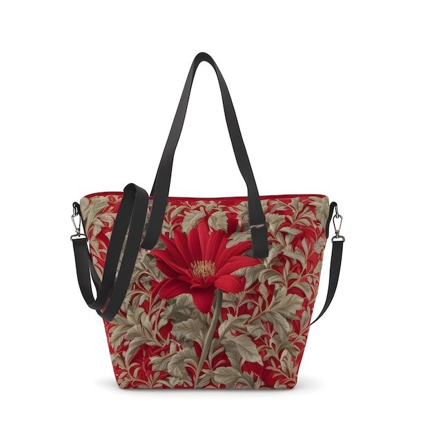 Un sac fourre-tout rouge à fleurs avec une bandoulière noire et un imprimé de fleurs rouges.