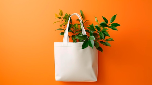 Sac fourre-tout shopper blanc en coton blanc sur fond vert et orange avec des plantes Generative AI