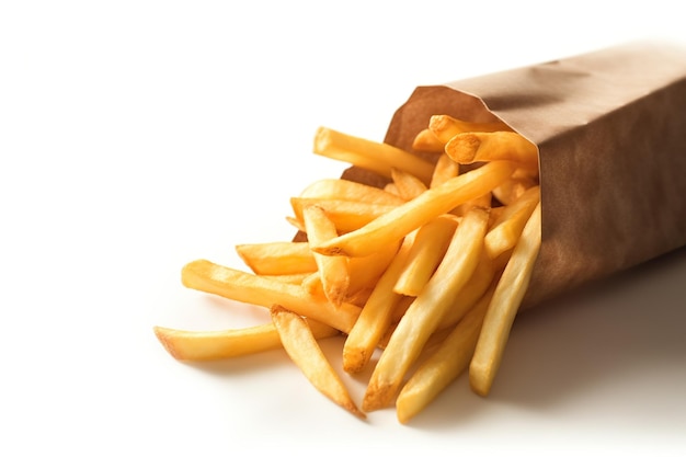 Un sac de frites est affiché sur un fond blanc