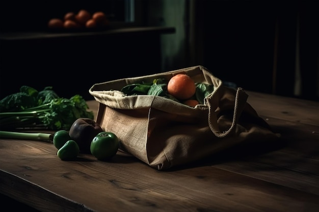 Un sac de fruits est posé sur une table en bois avec un fond sombre