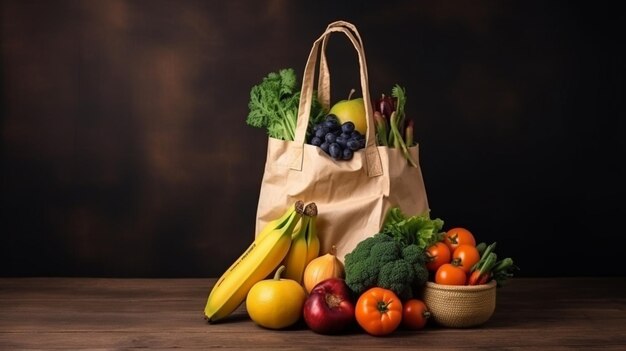 Un sac de fruits et légumes sur une table