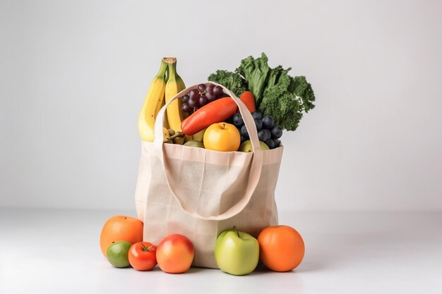 Un sac de fruits et légumes sur un tableau blanc