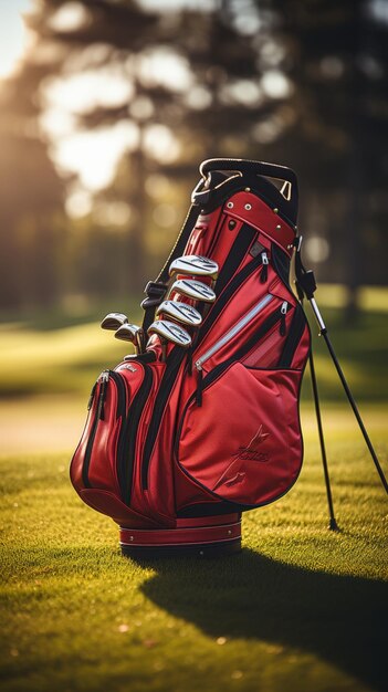 Le sac de golf rouge sur le terrain vert