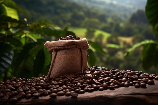 Sac de grains de café torréfiés frais sur l'IA générative de plantation verte