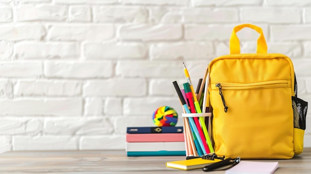 un sac jaune avec un crayon et un livre sur la table