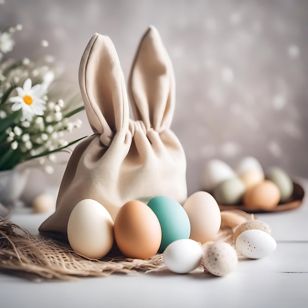 un sac de lapin avec des œufs et des fleurs sur une table