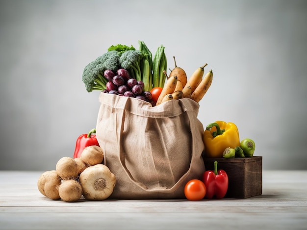 Un sac de légumes sur une table en bois