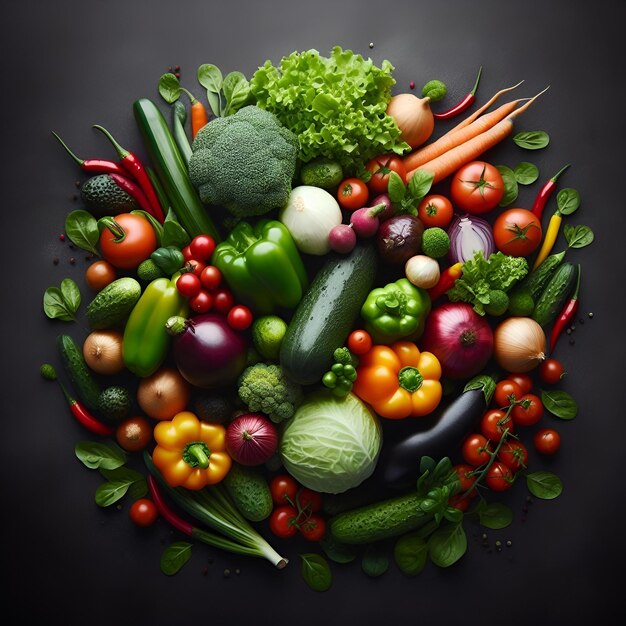 Un sac de légumes en vue de haut sur une surface noire avec un fond sombre