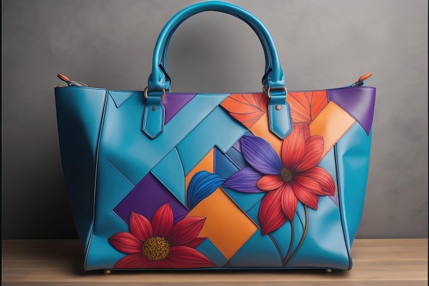 Photo un sac à main à la mode avec un imprimé floral sur une table en bois