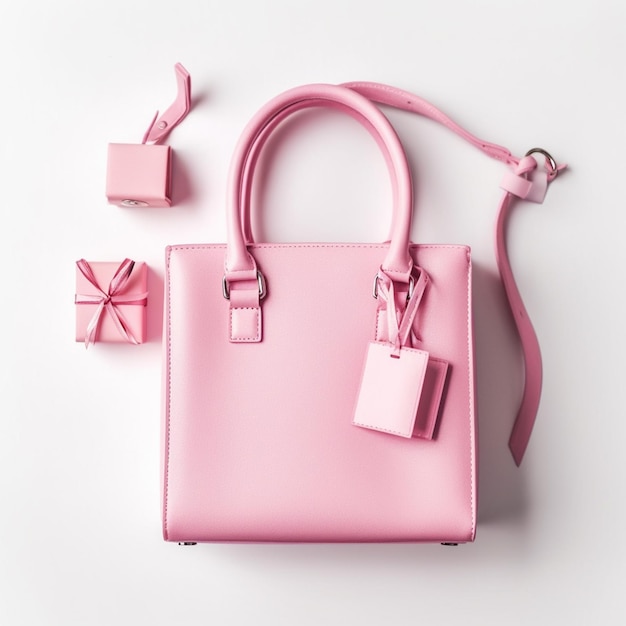 Un sac à main rose avec un nœud et une petite boîte cadeau.