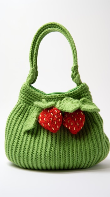 un sac à main tricoté vert avec deux fraises dessus