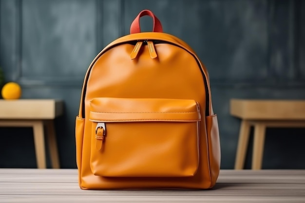 Sac orange et crayon pour ordinateur portable sur table en bois Concept de retour à l'école Générer Ai