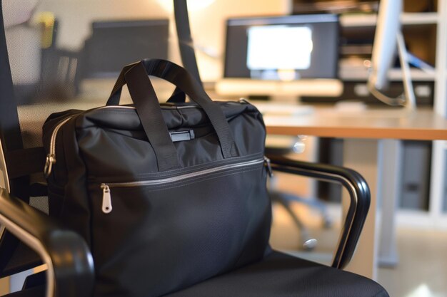 Photo un sac d'ordinateur portable noir sur une chaise de bureau, un ordinateur en arrière-plan