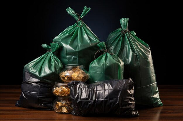 Un sac à ordures noir pour une benne, un sac pour les déchets, une poubelle et une pile de sacs en plastique sont tous isolés sur un fond blanc.