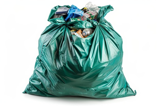 Un sac à ordures vert rempli d'ordures se tient sur un fond blanc isolé