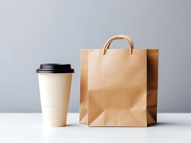 Sac en papier artisanal avec tasse à café sur fond uni Ai Generative