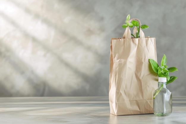 Sac en papier bannière avec produits écologiques sur béton gris