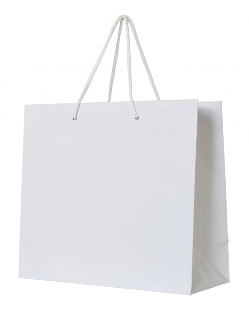 Photo sac en papier blanc isolé sur blanc avec un tracé de détourage