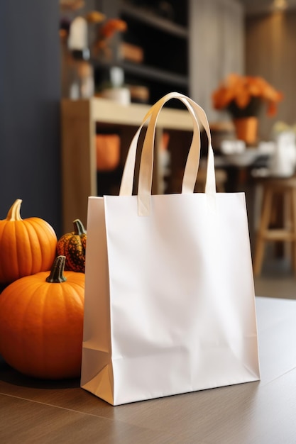 Un sac en papier blanc posé sur une table en bois