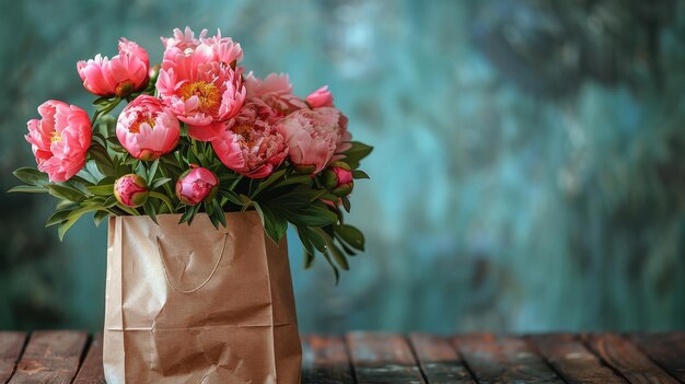 Un sac en papier brun avec des fleurs roses