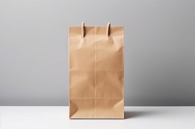 Un sac en papier brun placé devant un mur blanc avec de l'espace