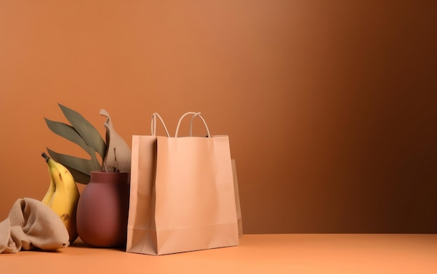 Un sac en papier brun avec une plante dessus sur fond orange