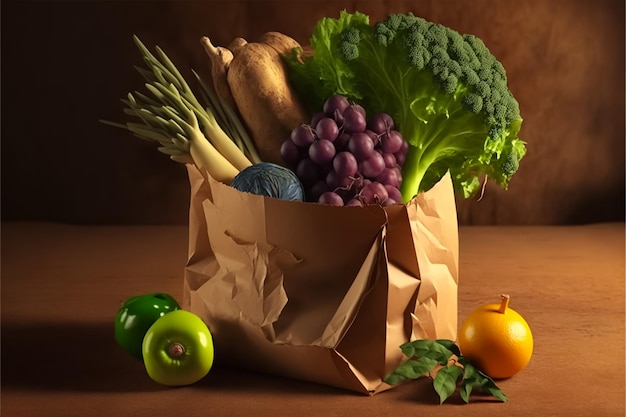 sac en papier d'épicerie avec légumes et fruits